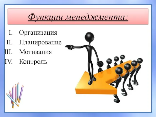 Функции менеджмента: Организация Планирование Мотивация Контроль