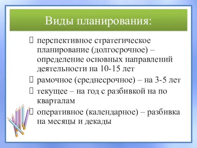 Виды планирования: перспективное стратегическое планирование (долгосрочное) – определение основных направлений деятельности на