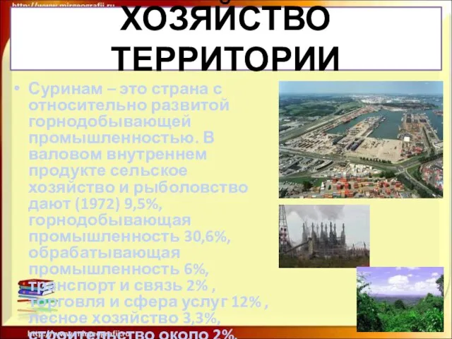 ХОЗЯЙСТВО ТЕРРИТОРИИ Суринам – это страна с относительно развитой горнодобывающей промышленностью. В