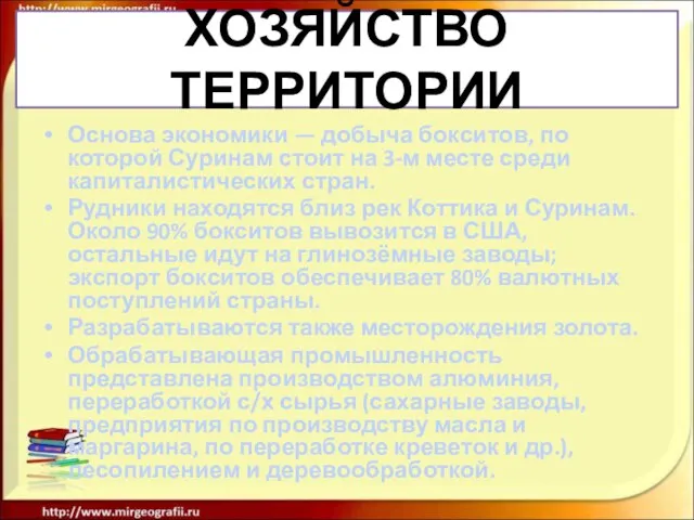 ХОЗЯЙСТВО ТЕРРИТОРИИ Основа экономики — добыча бокситов, по которой Суринам стоит на