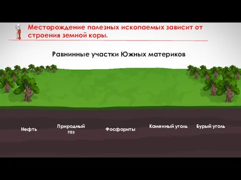 Равнинные участки Южных материков Нефть Природный газ Фосфориты Каменный уголь Бурый уголь