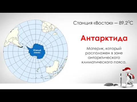 Антарктида Материк, который расположен в зоне антарктического климатического пояса. Южный полюс Станция «Восток» ─ 89,20С