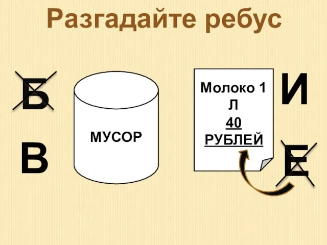 МУСОР Молоко 1 Л 40 РУБЛЕЙ Б В И Е Разгадайте ребус