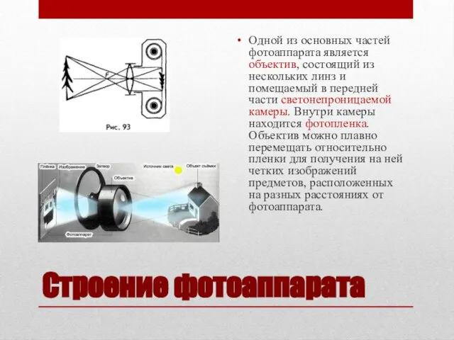 Строение фотоаппарата Одной из основных частей фотоаппарата является объектив, состоящий из нескольких