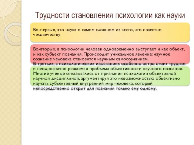 Трудности становления психологии как науки Во-первых, это наука о самом сложном из