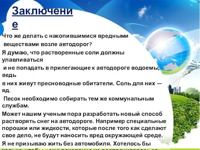 Заключение Что же делать с накопившимися вредными веществами возле автодорог? Я думаю,