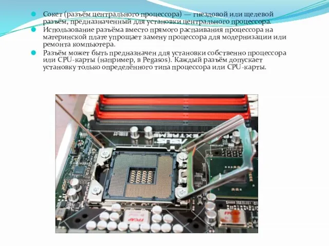 Сокет (разъём центрального процессора) — гнездовой или щелевой разъём, предназначенный для установки