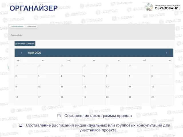 ОРГАНАЙЗЕР Составление циклограммы проекта Составление расписания индивидуальных или групповых консультаций для участников проекта