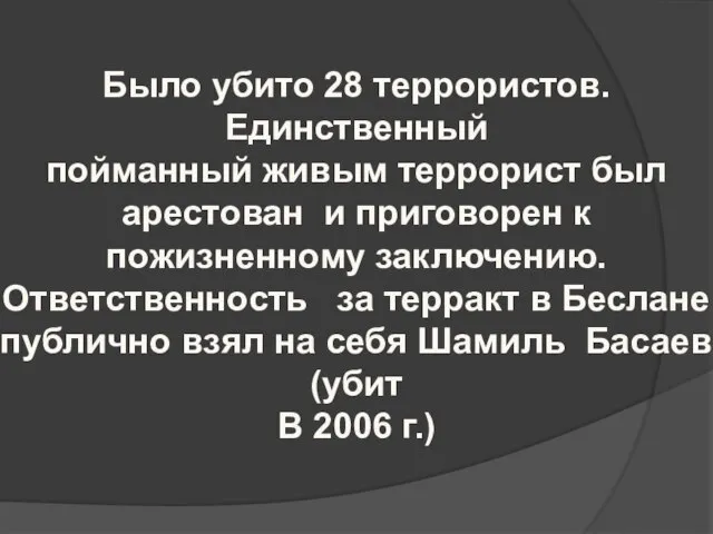 Было убито 28 террористов. Единственный пойманный живым террорист был арестован и приговорен