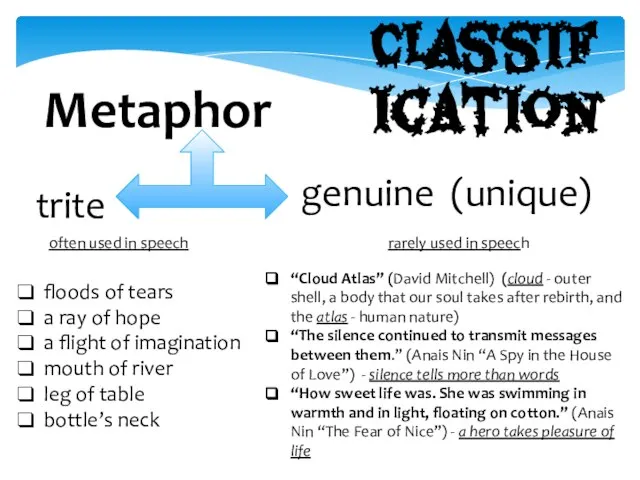 Classification Metaphor trite genuine (unique) often used in speech rarely used in