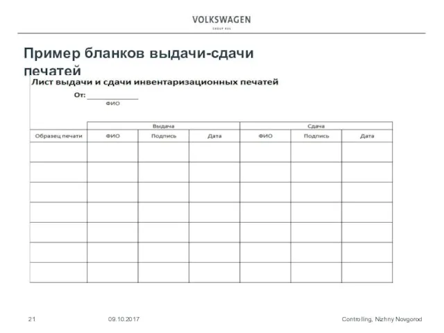 Controlling, Nizhny Novgorod 09.10.2017 Пример бланков выдачи-сдачи печатей