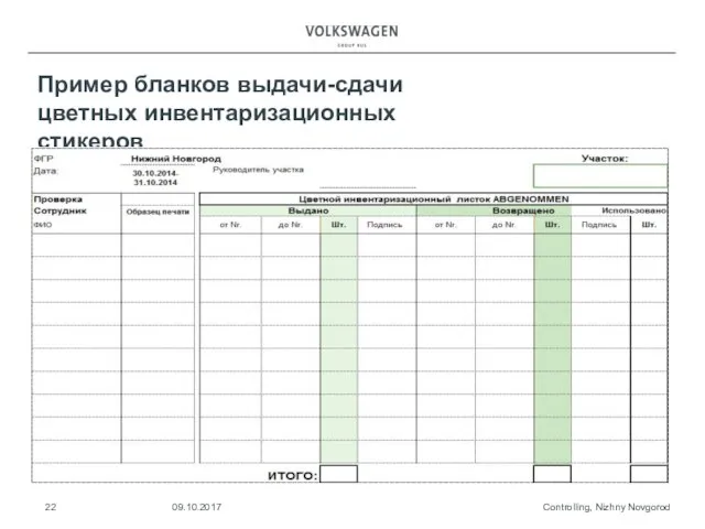 Controlling, Nizhny Novgorod 09.10.2017 Пример бланков выдачи-сдачи цветных инвентаризационных стикеров