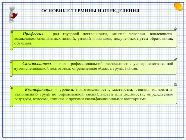 ОСНОВНЫЕ ТЕРМИНЫ И ОПРЕДЕЛЕНИЯ Профессия – род трудовой деятельности, занятий человека, владеющего