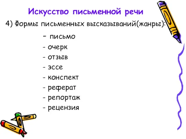 Искусство письменной речи 4) Формы письменных высказываний(жанры): - письмо - очерк -