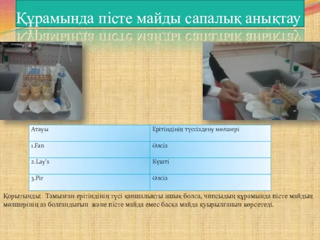 Құрамында пісте майды сапалық анықтау Қорытынды: Тамызған ерітіндінің түсі қаншалықты ашық болса,