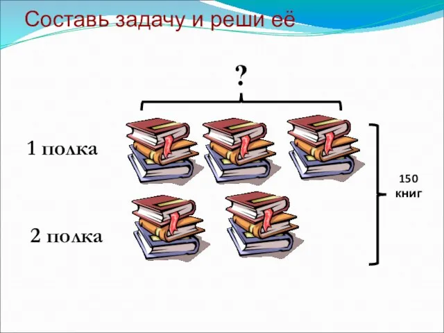 Составь задачу и реши её ? 1 полка 2 полка 150 книг