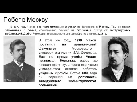 Побег в Москву В 1879 году Чехов окончил гимназию и уехал из