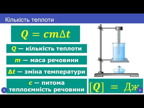 c — питома теплоємність речовини Кількість теплоти Q — кількість теплоти m