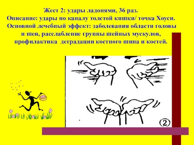 Жест 2: удары ладонями, 36 раз. Описание: удары по каналу толстой кишки/