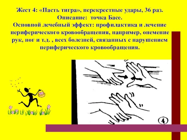 Жест 4: «Пасть тигра», перекрестные удары, 36 раз. Описание: точка Басе. Основной