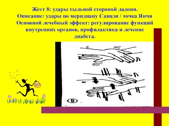 Жест 8: удары тыльной стороной ладони. Описание: удары по меридиану Санцзи /