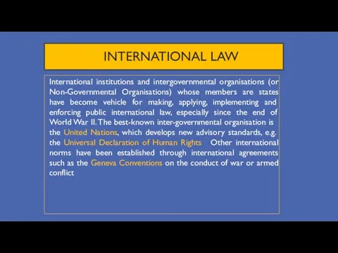 INTERNATIONAL LAW International institutions and intergovernmental organisations (or Non-Governmental Organisations) whose members
