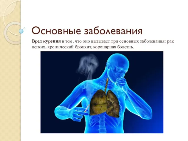 Основные заболевания Вред курения в том, что оно вызывает три основных заболевания: