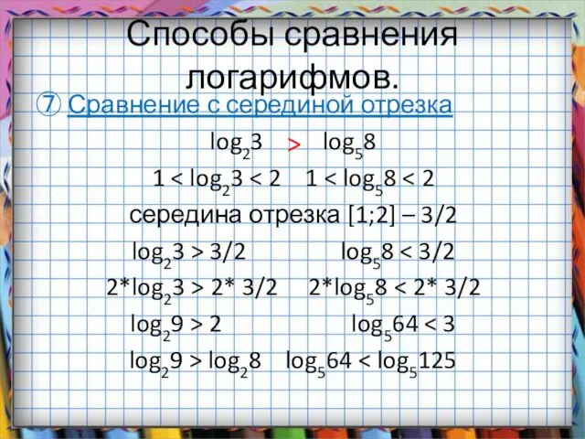 Способы сравнения логарифмов. ⑦ Сравнение с серединой отрезка log23 log58 1 середина