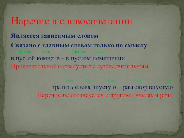 Является зависимым словом Связано с главным словом только по смыслу Прилаг. Сущ.