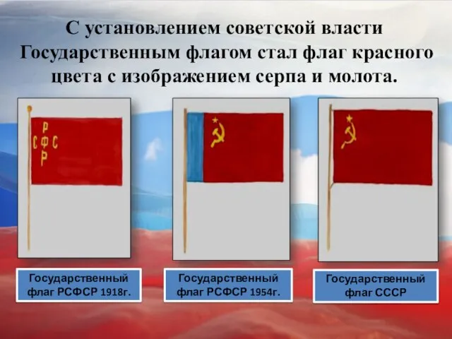 С установлением советской власти Государственным флагом стал флаг красного цвета с изображением