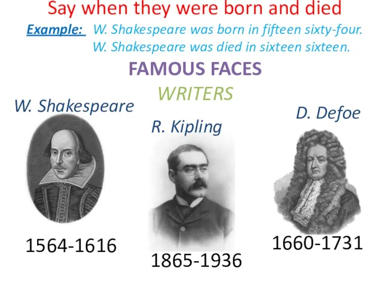 Say when they were born and died Example: W. Shakespeare was born