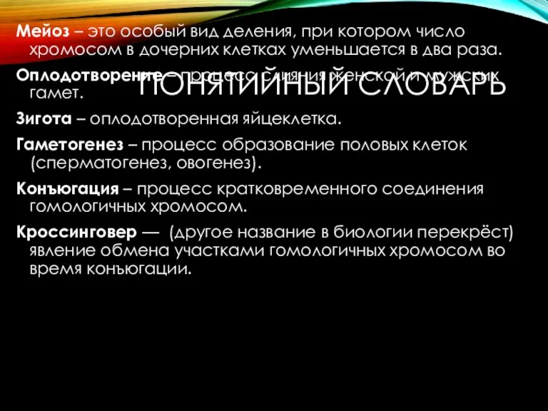 ПОНЯТИЙНЫЙ СЛОВАРЬ Мейоз – это особый вид деления, при котором число хромосом