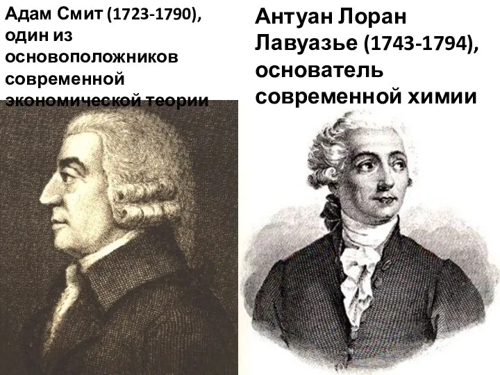 Адам Смит (1723-1790), один из основоположников современной экономической теории Антуан Лоран Лавуазье (1743-1794), основатель современной химии