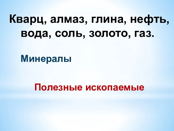 Кварц, алмаз, глина, нефть, вода, соль, золото, газ. Минералы Полезные ископаемые