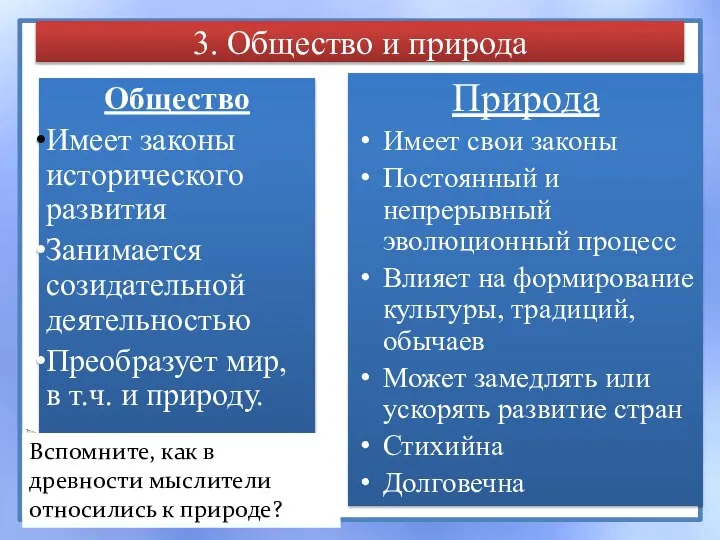 3. Общество и природа Общество Имеет законы исторического развития Занимается созидательной деятельностью