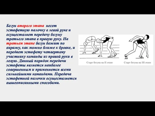 Бегун второго этапа несет эстафетную палочку в левой руке и осуществляет передачу