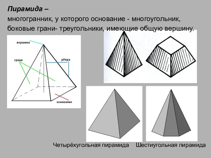 Пирамида – многогранник, у которого основание - многоугольник, боковые грани- треугольники, имеющие