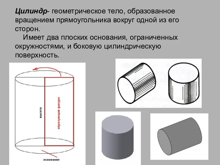 Цилиндр- геометрическое тело, образованное вращением прямоугольника вокруг одной из его сторон. Имеет