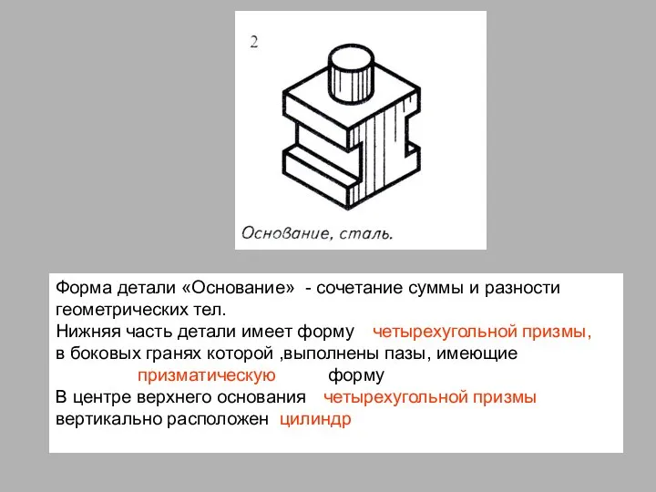 Форма детали «Основание» - сочетание суммы и разности геометрических тел. Нижняя часть