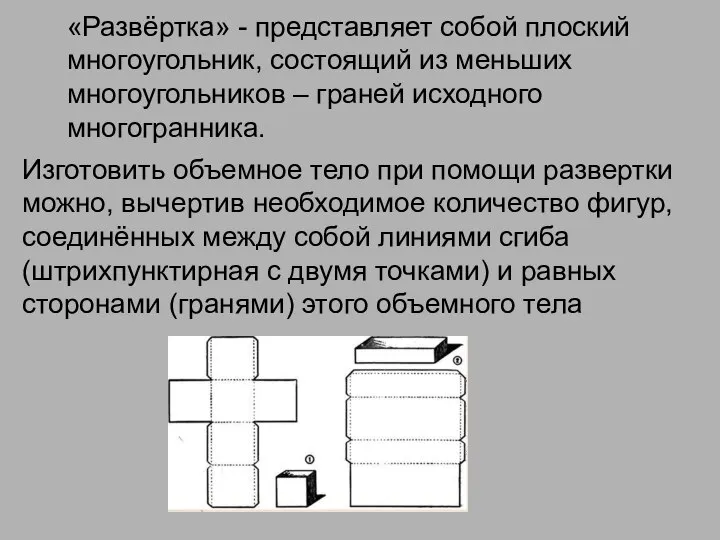 «Развёртка» - представляет собой плоский многоугольник, состоящий из меньших многоугольников – граней