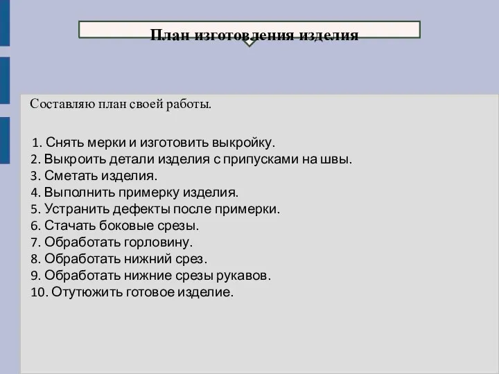 Составляю план своей работы. 1. Снять мерки и изготовить выкройку. 2. Выкроить