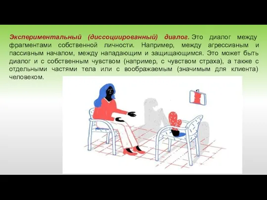 Экспериментальный (диссоциированный) диалог. Это диалог между фрагментами собственной личности. Например, между агрессивным