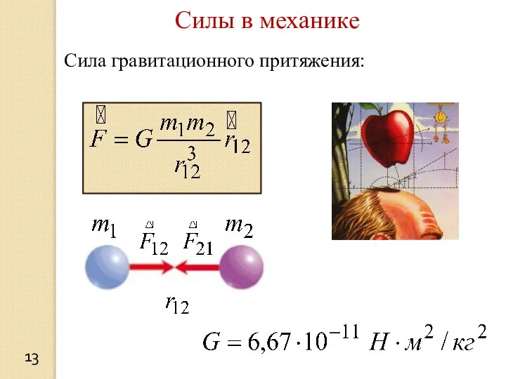 Силы в механике Сила гравитационного притяжения: 13