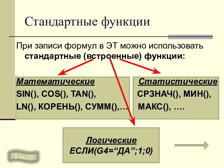 Стандартные функции При записи формул в ЭТ можно использовать стандартные (встроенные) функции: