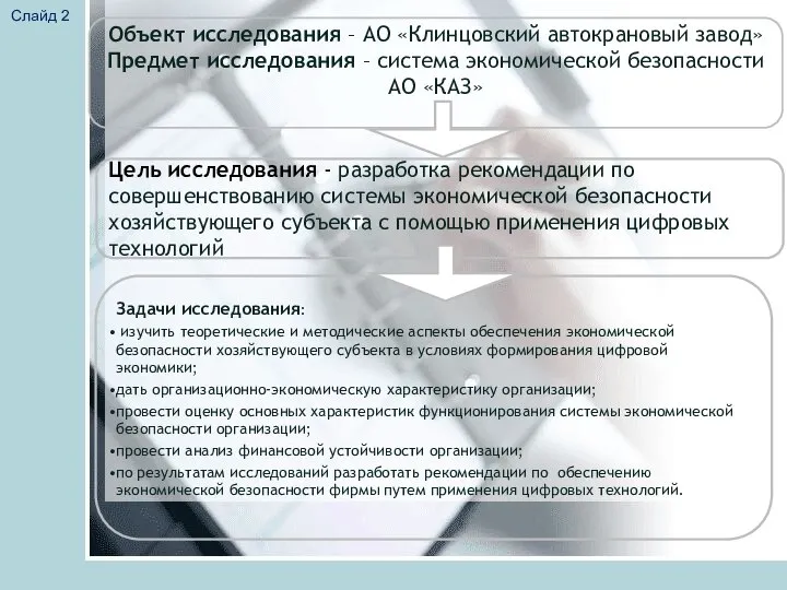 Слайд 2 Объект исследования – АО «Клинцовский автокрановый завод» Предмет исследования –