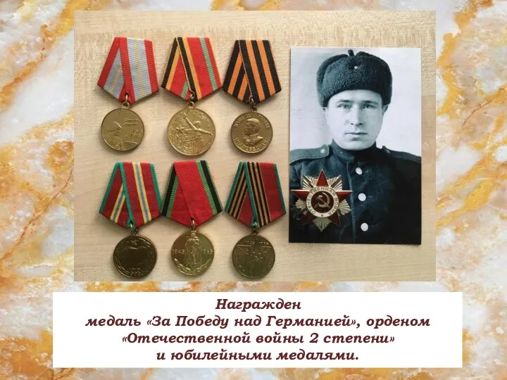 Награжден медаль «За Победу над Германией», орденом «Отечественной войны 2 степени» и юбилейными медалями.