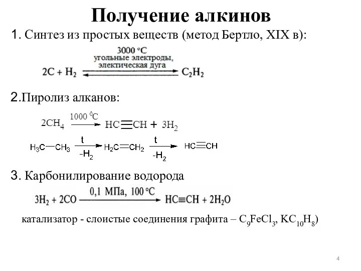 Получение алкинов Синтез из простых веществ (метод Бертло, XIX в): Пиролиз алканов:
