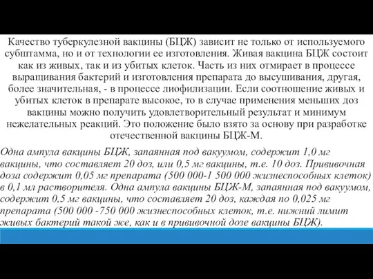 Качество туберкулезной вакцины (БЦЖ) зависит не только от используемого субштамма, но и