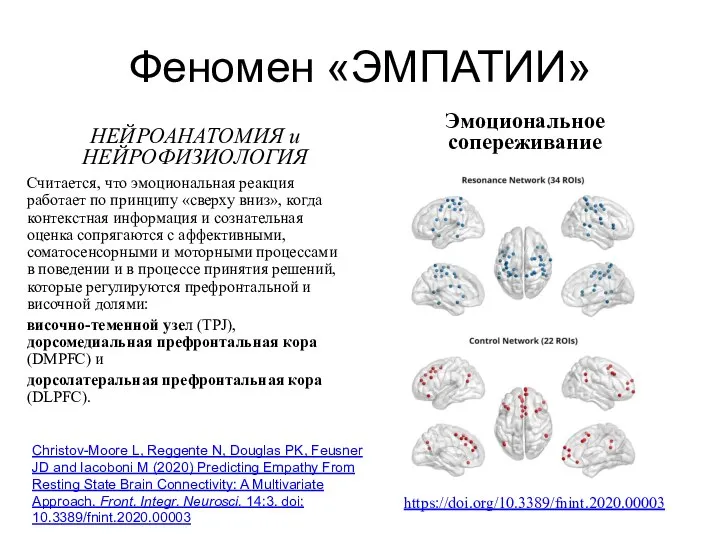 Феномен «ЭМПАТИИ» НЕЙРОАНАТОМИЯ и НЕЙРОФИЗИОЛОГИЯ Считается, что эмоциональная реакция работает по принципу