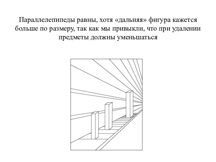 Параллелепипеды равны, хотя «дальняя» фигура кажется больше по размеру, так как мы